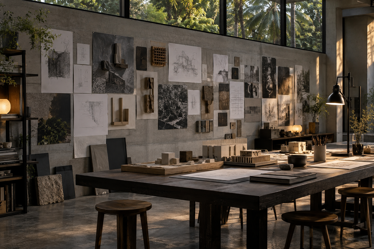 Architecture studio workspace with material studies and physical models.